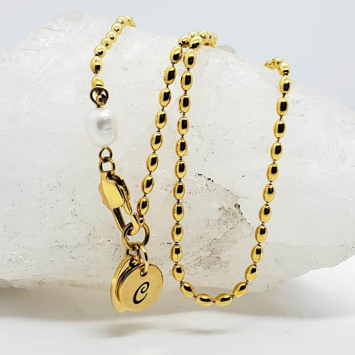 Engravable Initial Disc Necklace with Freshwater Pearl Charm