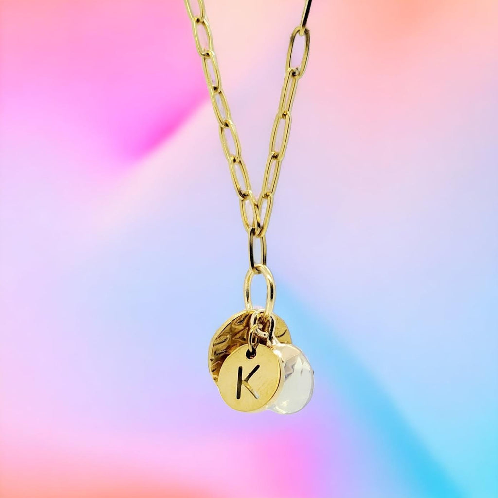 Girl Personalized Gold 3-Charm Pendant Necklace with Initial Disc & Natural Stone