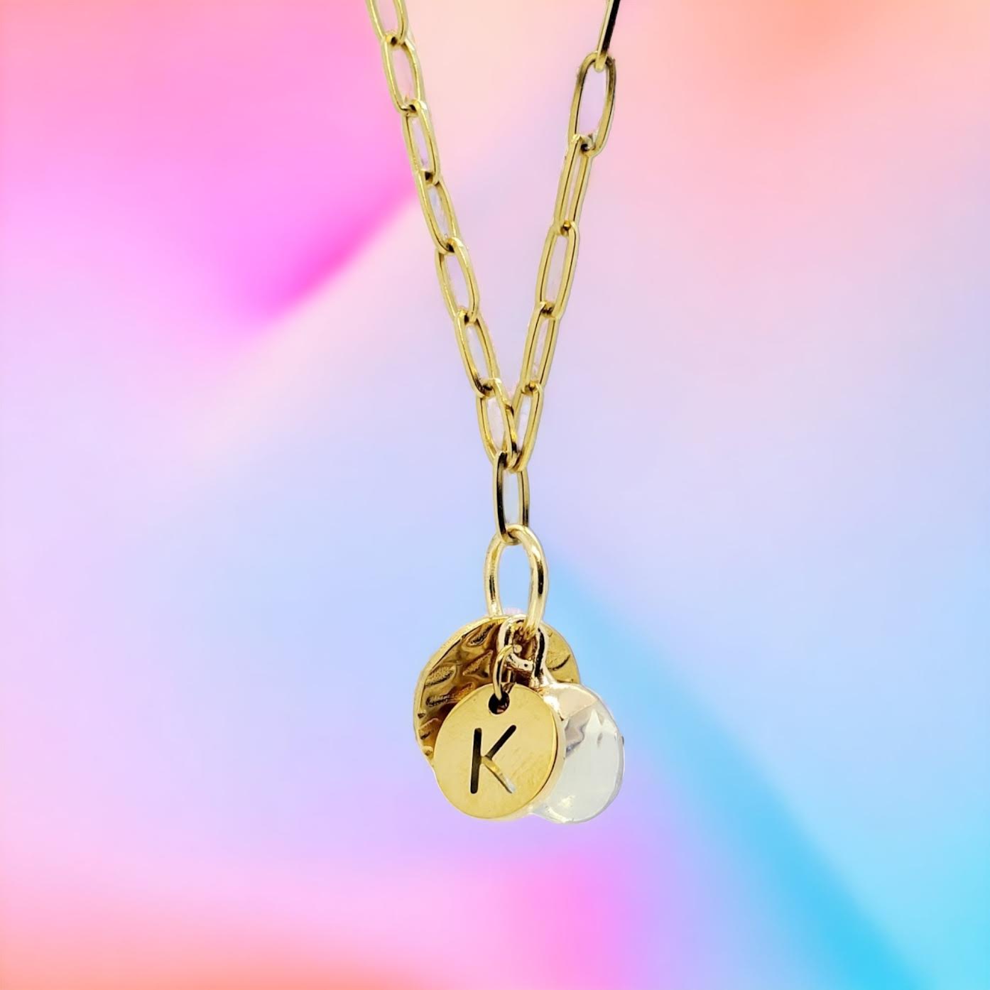 Personalized Gold 3-Charm Pendant Necklace with Initial Disc & Natural Stone