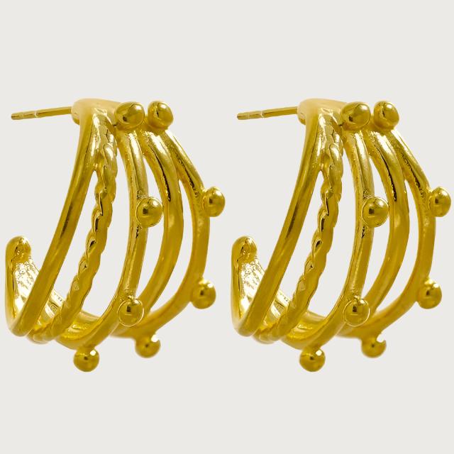 18K Gold Plated Multi-Row Textured Beaded Metal Hoop Earrings