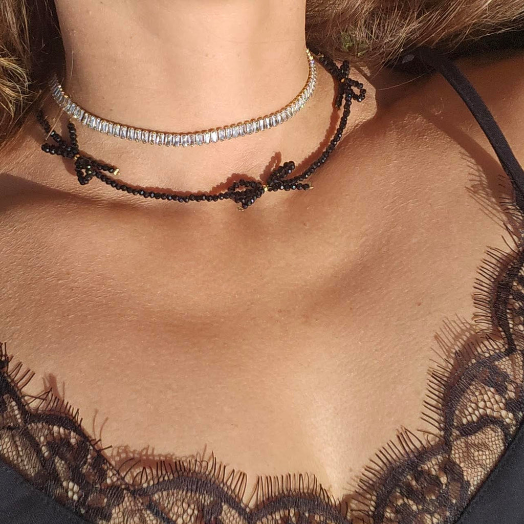 Handmade Black Crystal Bow Necklace
