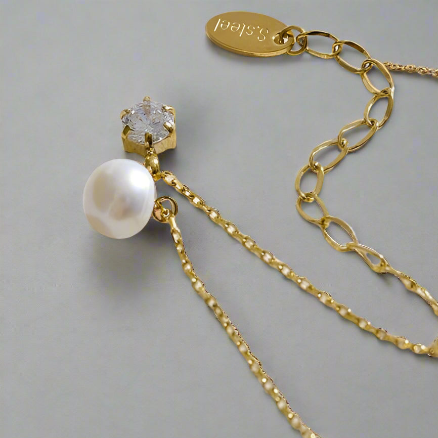 Raffiné Collier Double Pendentif avec Perle Naturelle et Zircon Cubique