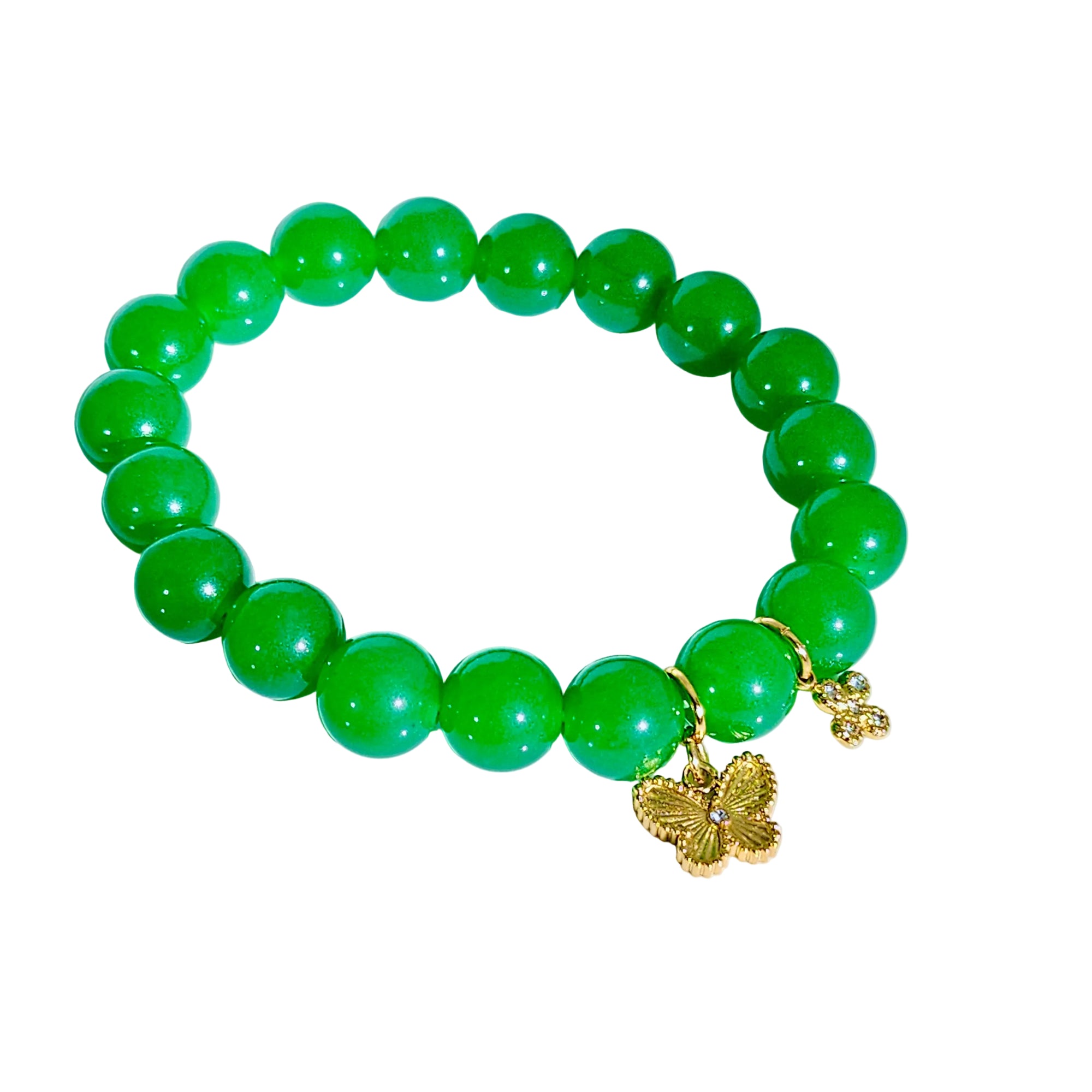 Green beaded bracelet with gold charms on a white background