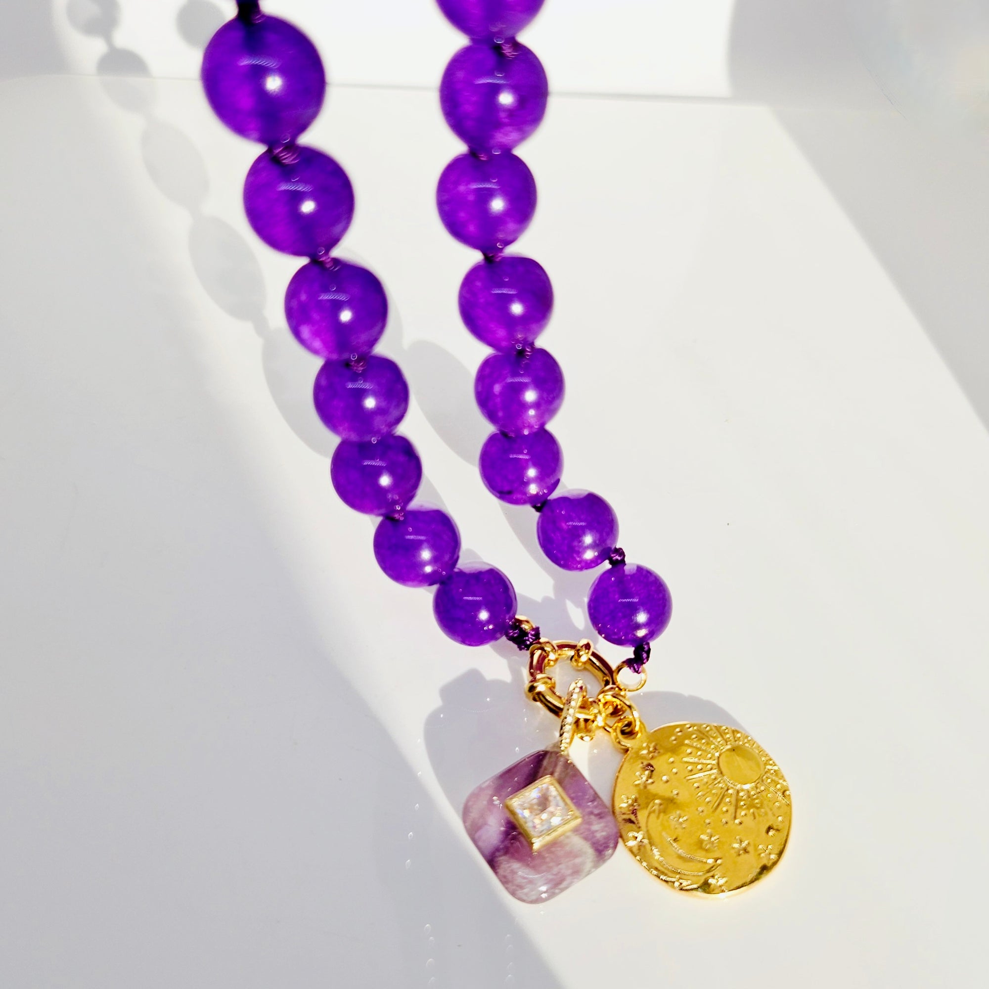 Celestial Charm Violet Jade Beaded Necklace– Interchangeable Charms – 10 mm