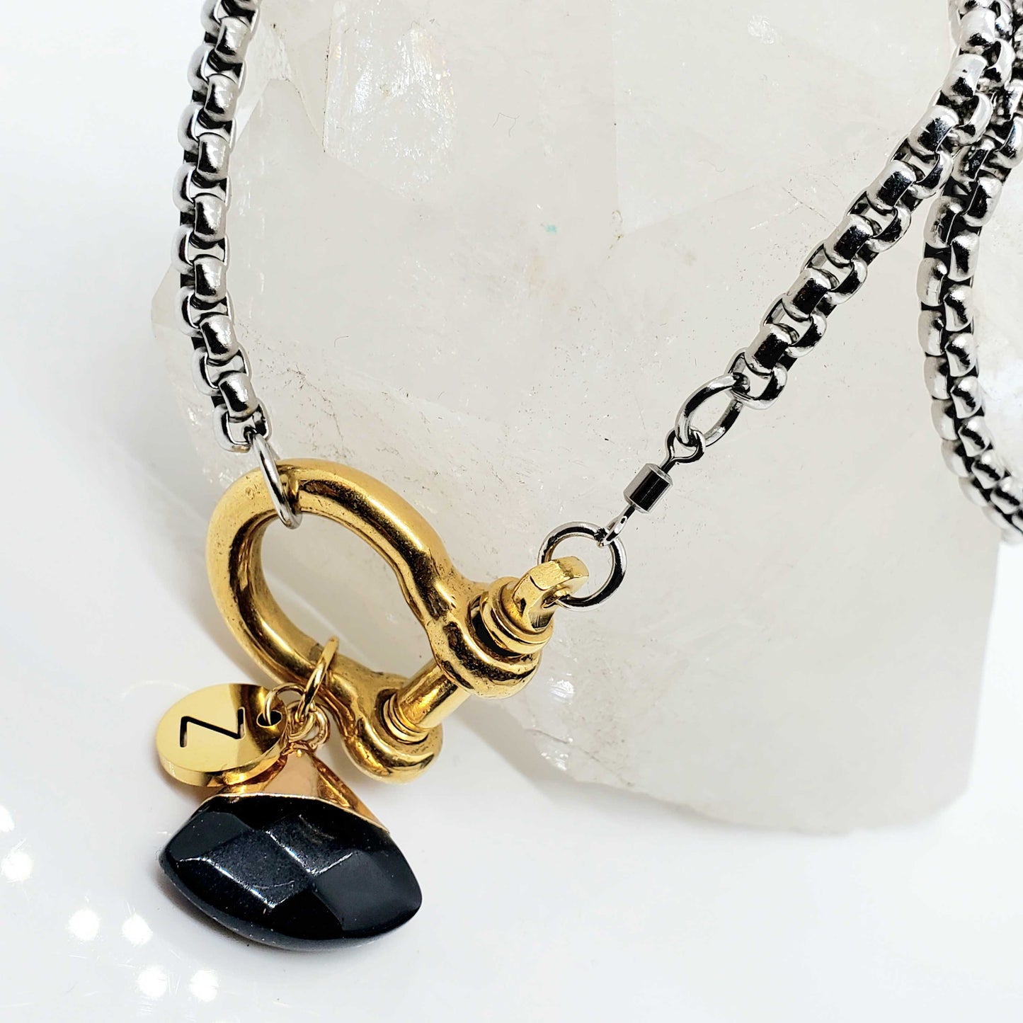 Personalized Horseshoe Necklace with Cut-Out Initial and Black Agate Fan Charm