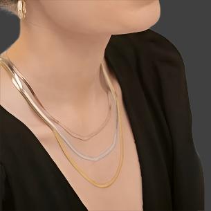 Tri-Tone Layered Herringbone Chain Necklace