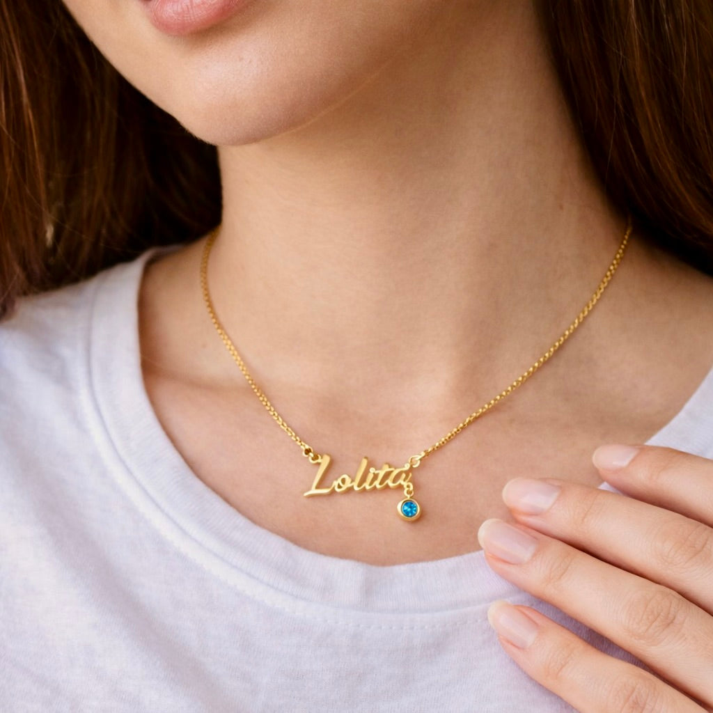Custom Name Necklace with Birthstone Drop Accent