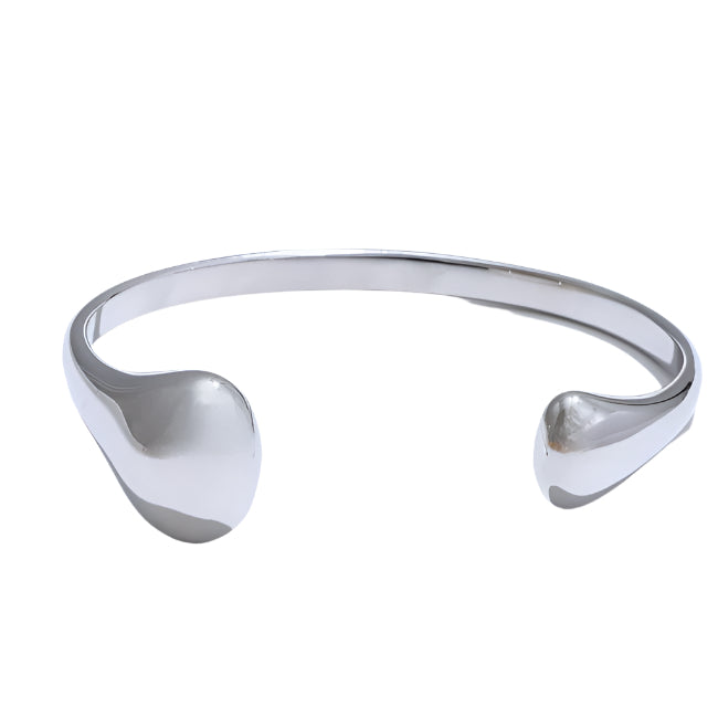 A silver-finished open cuff modern design bracelet in stainless steel.