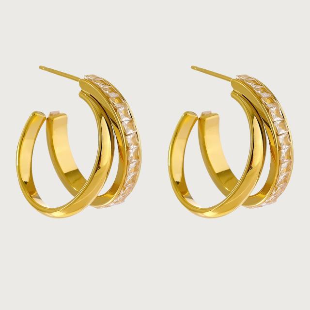 18K Gold Plated Double Hoop Earrings with Square Crystal