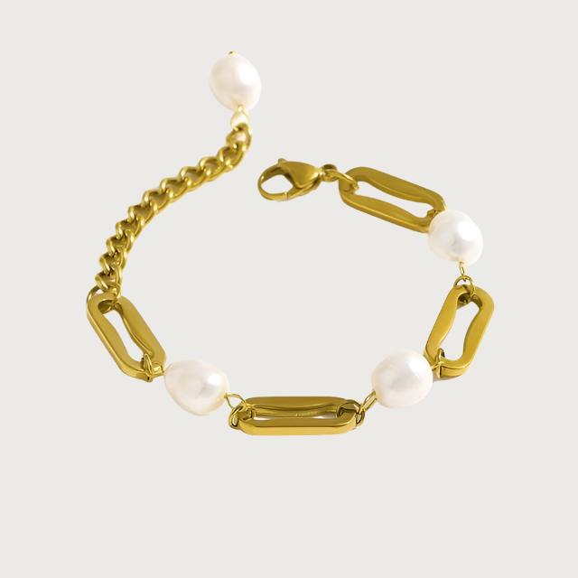 18K Gold Plated Paperclip Chain Link Bracelet with Freshwater Pearls