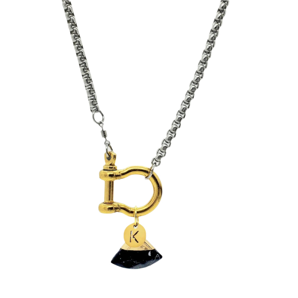 Personalized Horseshoe Pendant with Black Agate Fan Detail