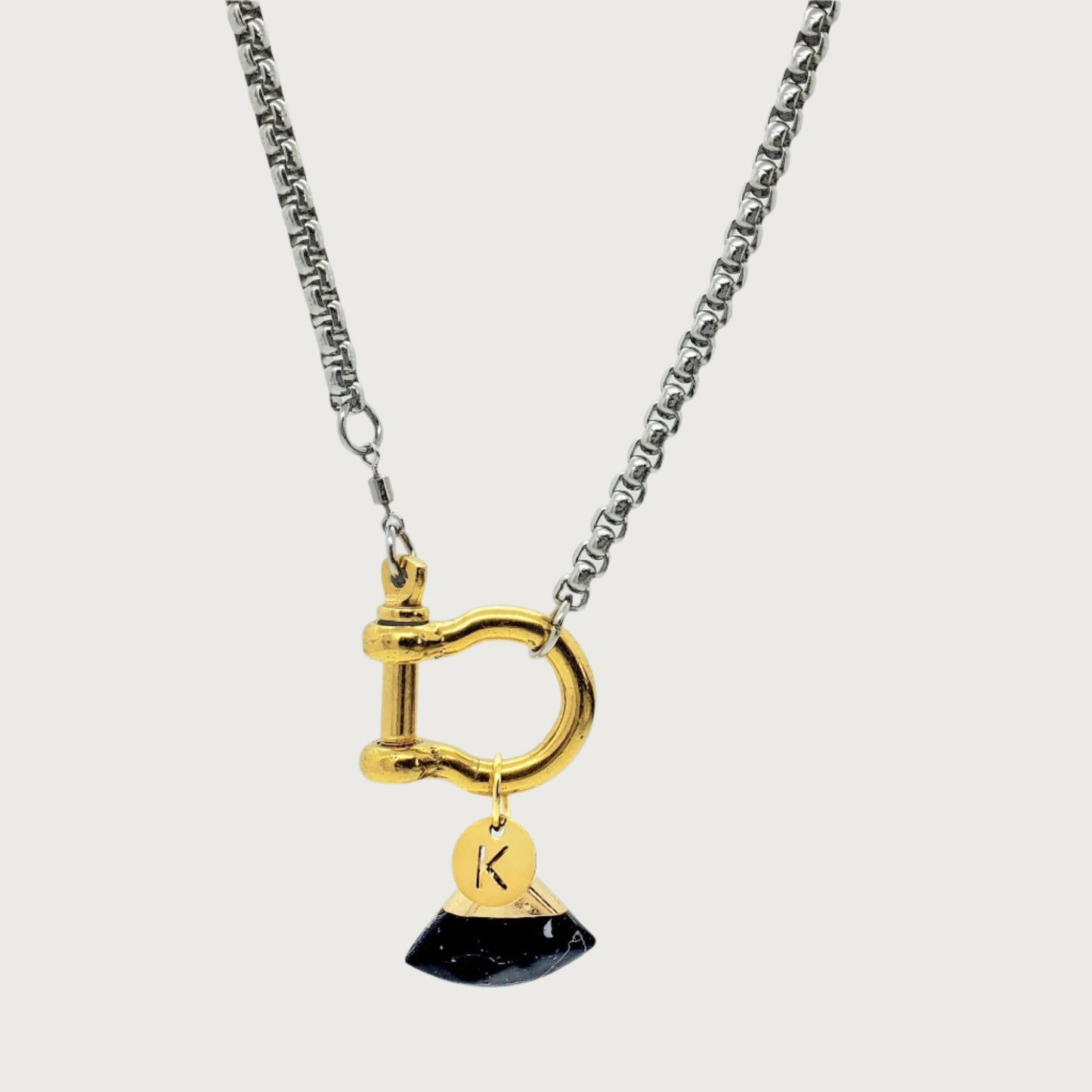 Personalized Horseshoe Necklace with Cut-Out Initial and Black Agate Fan Charm