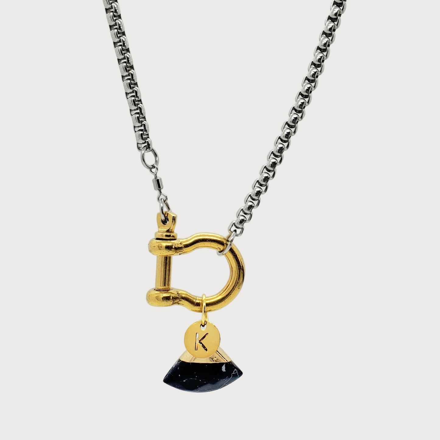 Personalized Horseshoe Necklace with Cut-Out Initial and Black Agate Fan Charm