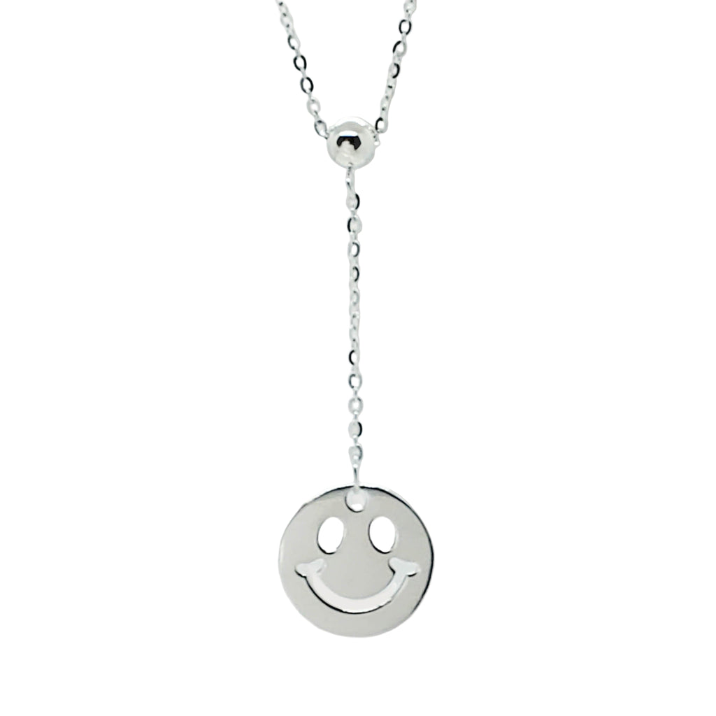 A sterling silver smiley pendant necklace with a chain.