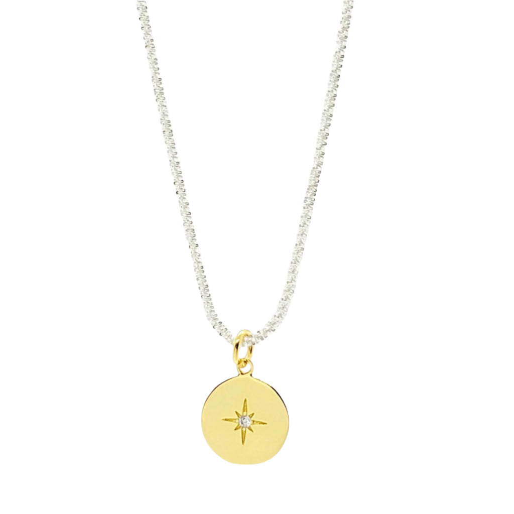 Gold North Star medallion necklace with sterling silver base, elegant pendant on fine chain
