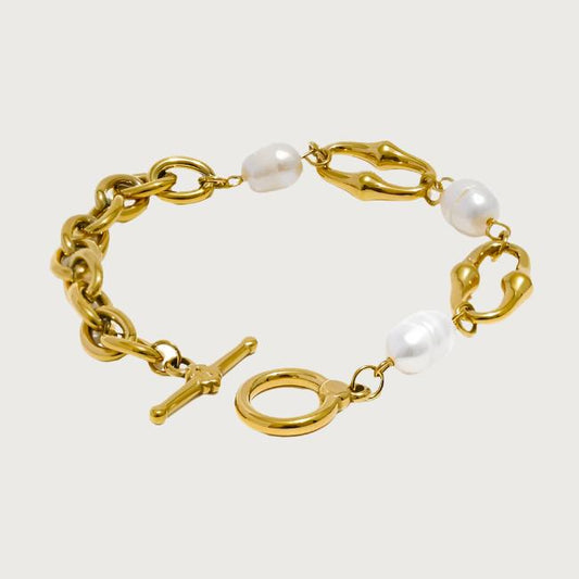 18K Gold Plated Link Chain Bracelet with Freshwater Pearls