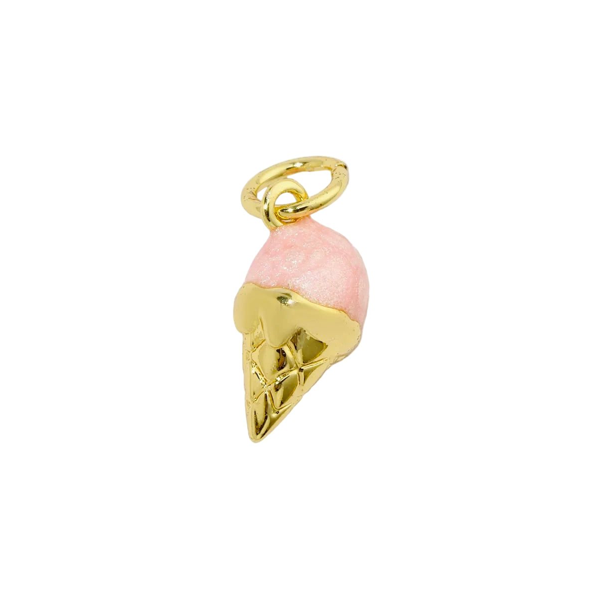 Gold ice cream cone charm with pink top on a white background