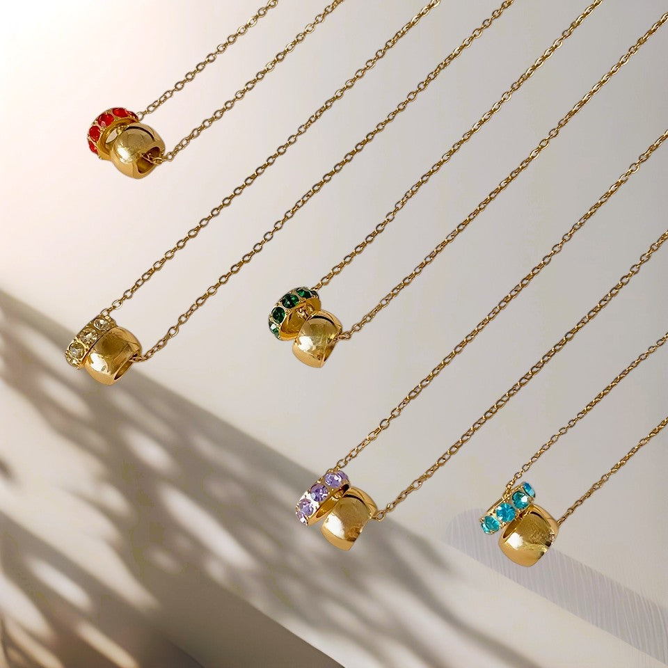 Gold Birthstone Ring Pendant Necklace with Rhinestones