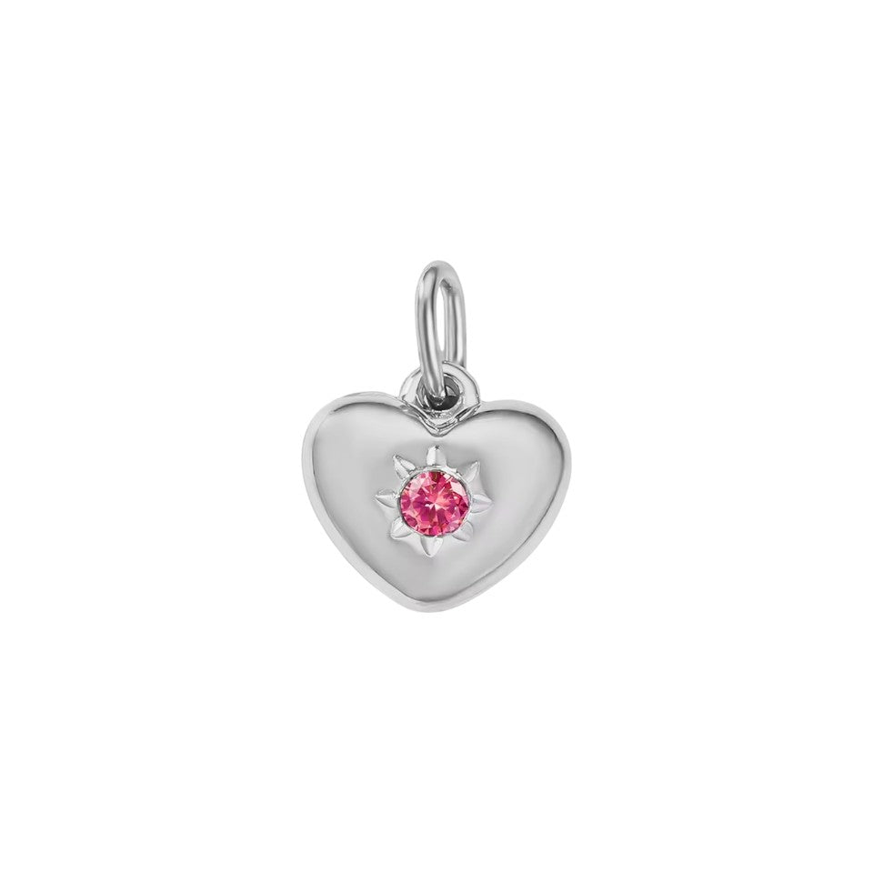 Silver heart-shaped pendant with a pink gemstone on a white background