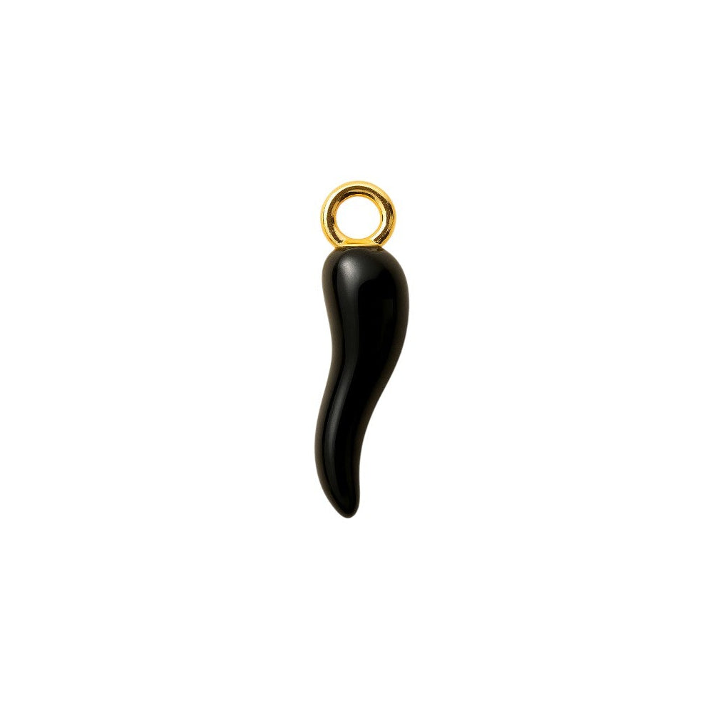 Black horn-shaped pendant with gold loop on a white background