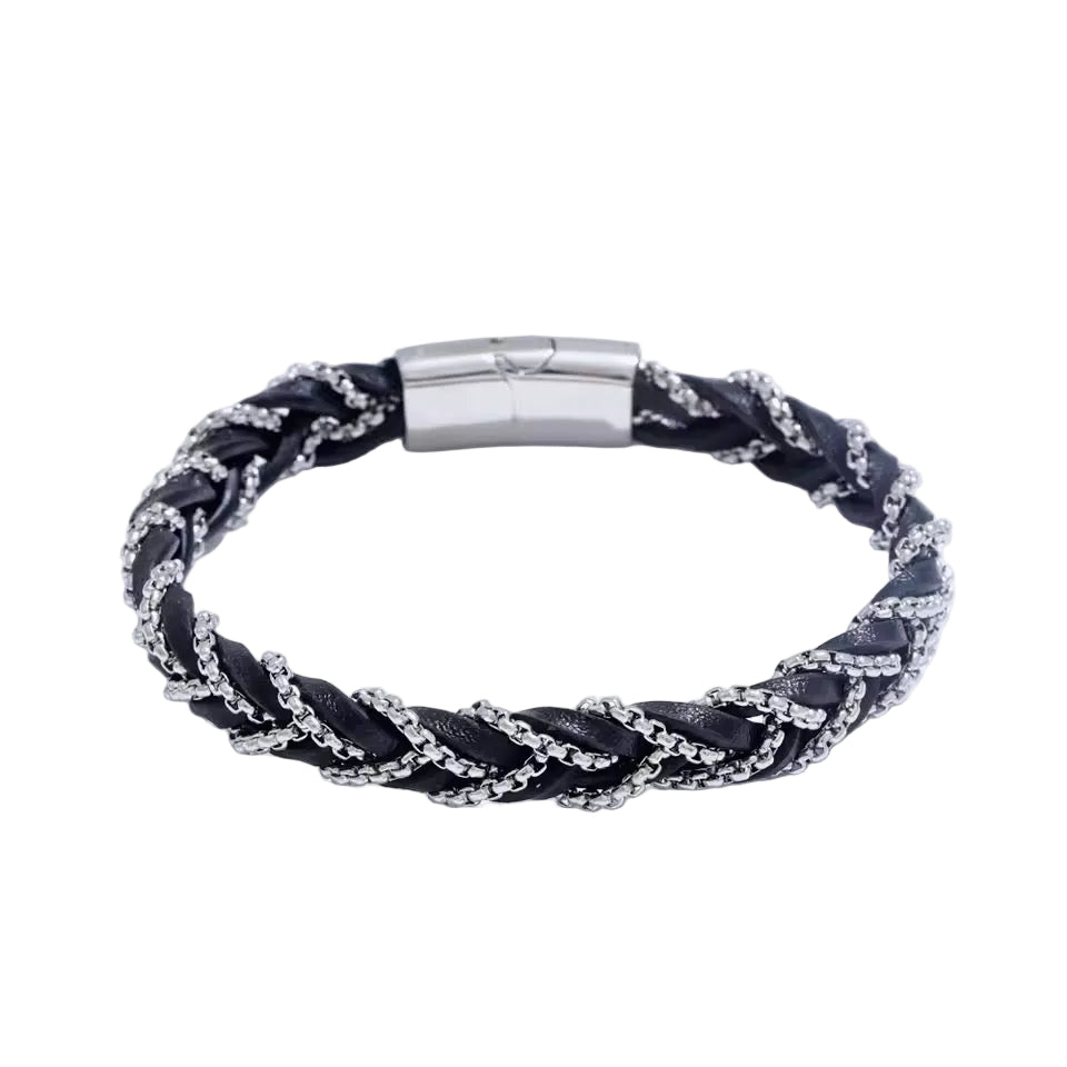 Bracelet with braided design and silver clasp on a white background