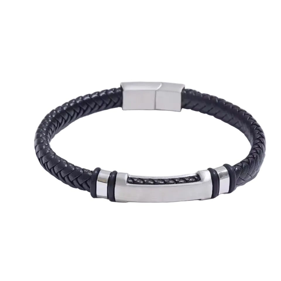 Black braided leather bracelet with silver metal clasp on a white background