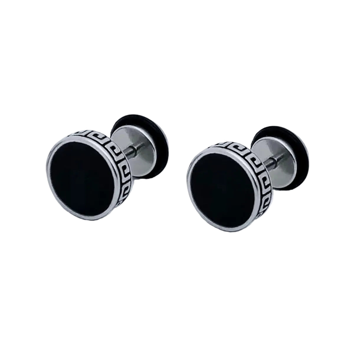 Pair of black and silver earplugs on a white background