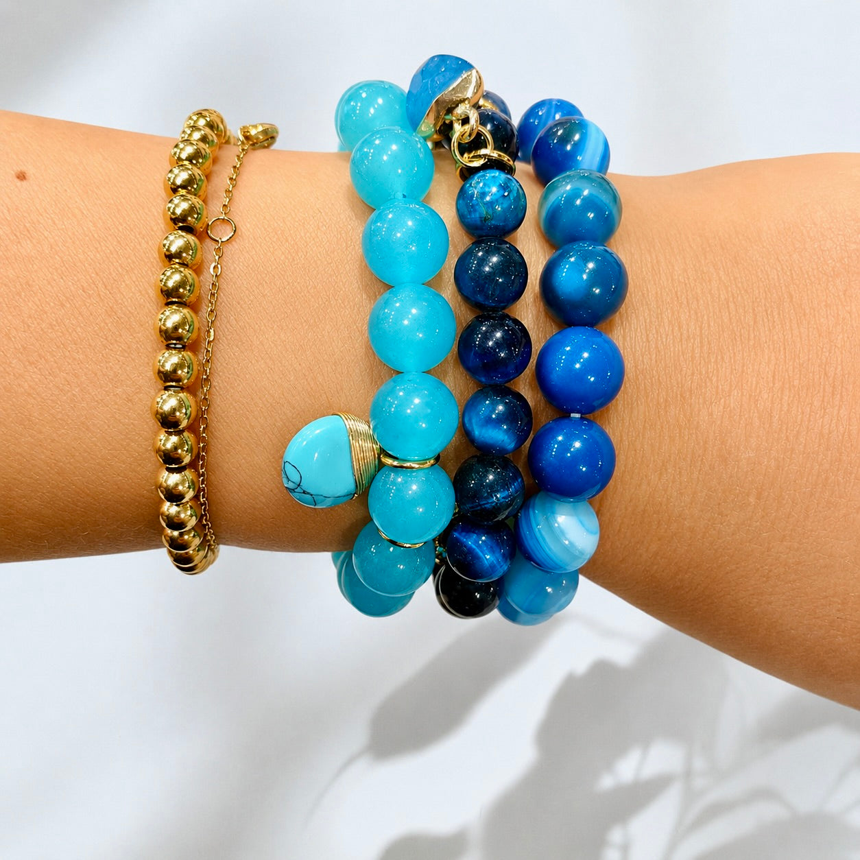 Striped Agate  Beaded Stretch Bracelet with Charms – 10 mm