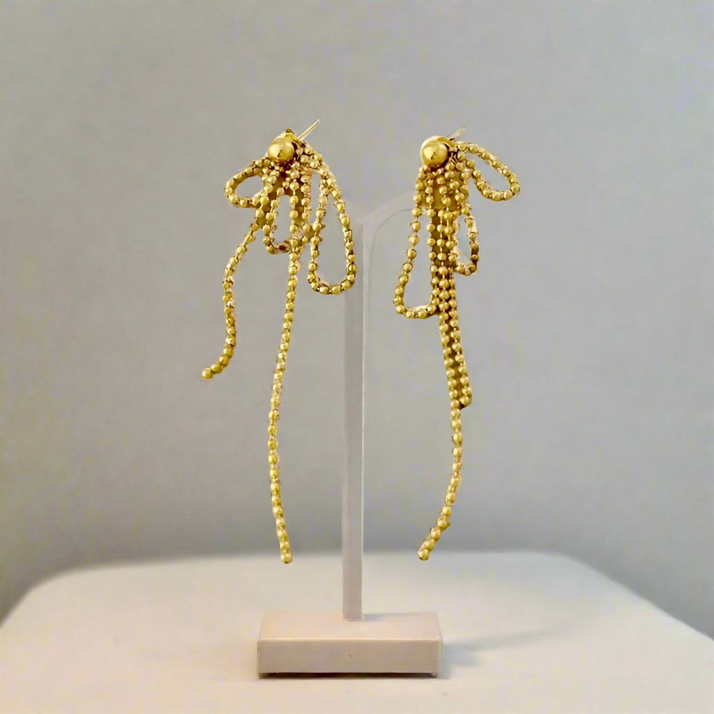 Bow Long Beaded Chain Drop Earrings