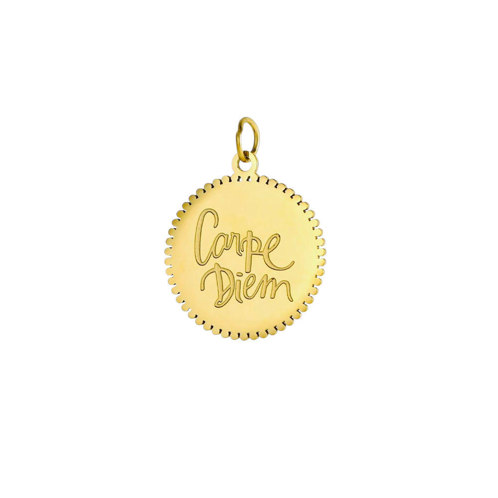 Gold pendant with 'Carpe Diem' engraving on a white background