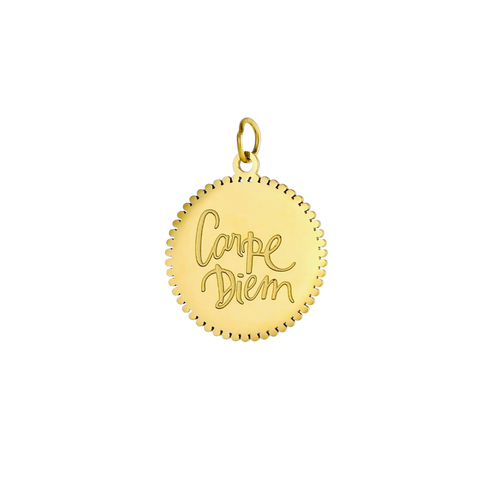 Gold pendant with 'Carpe Diem' engraving on a white background