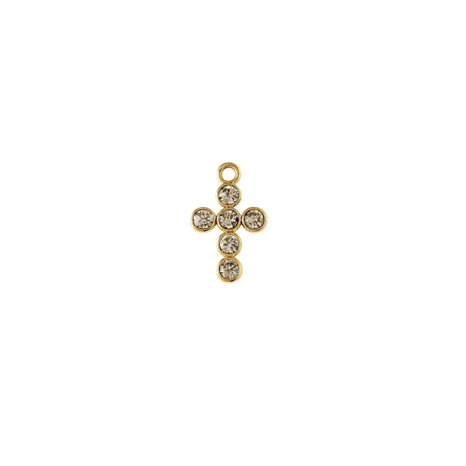 Gold cross pendant with clear stones on a white background