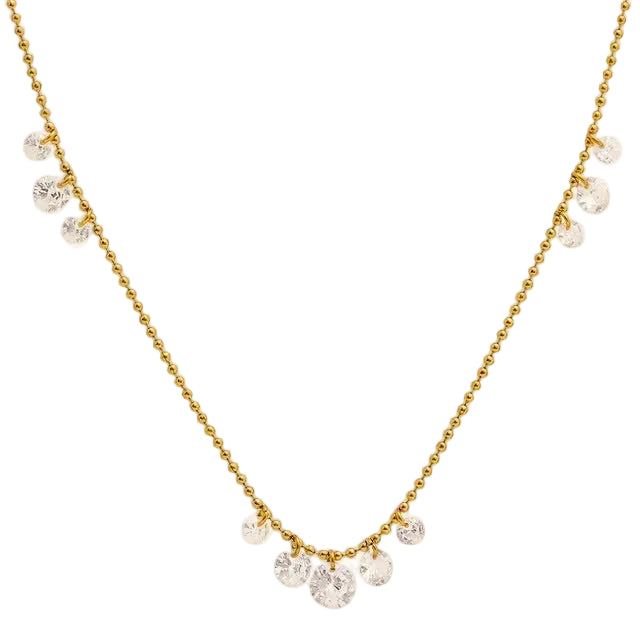A delicate gold ball-chain necklace with multiple small clear faceted crystal pendants hanging along the chain, displayed against a solid white background.