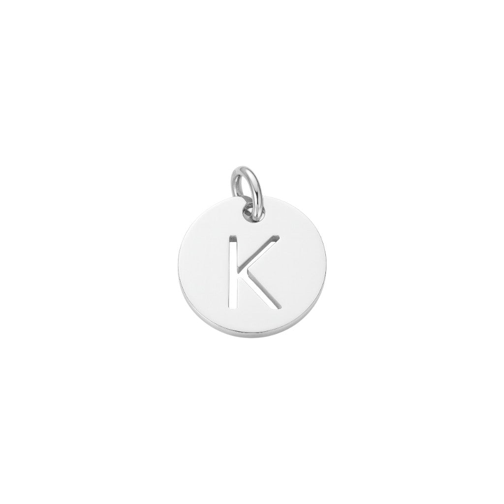 Silver pendant with letter 'K' on a white background
