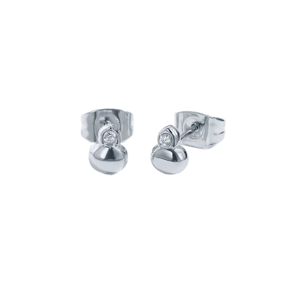 A pair of silver stud earrings with a small round clear gemstone and a larger polished sphere below it, shown on a light gray background with product text in the lower left corner.