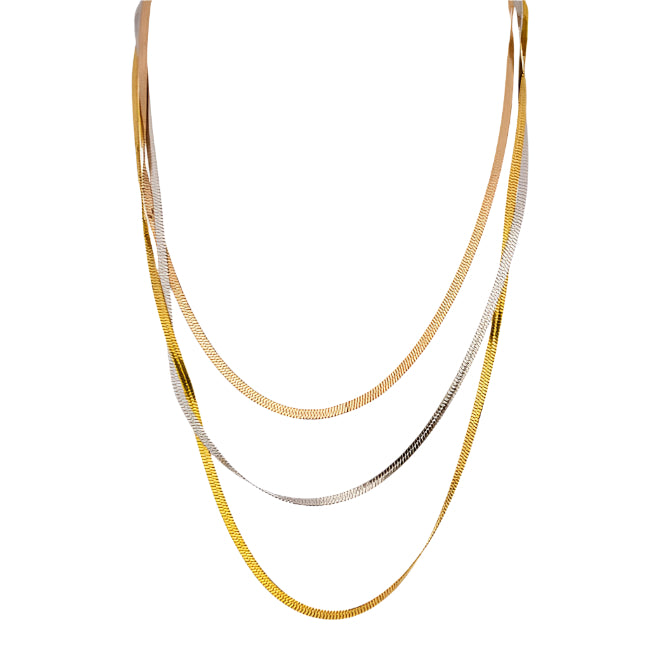 Tri-Tone Layered Flat Chain Necklace