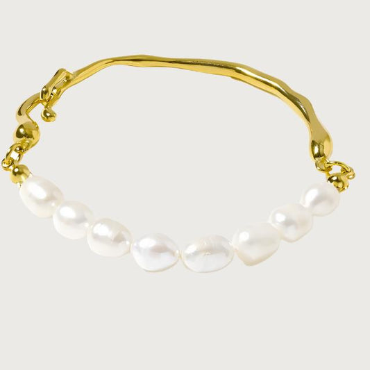 18K Gold Plated Organic Gold Bangle with Freshwater Pearl Accents