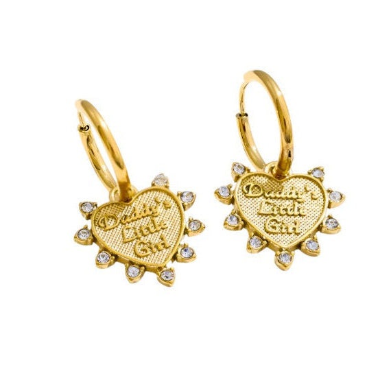 Gold heart-shaped earrings with engraved text on a white background