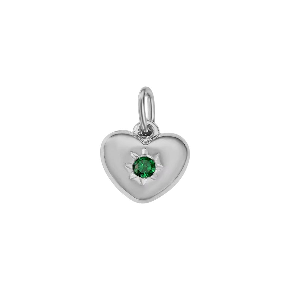 Silver heart-shaped pendant with a green gemstone on a white background