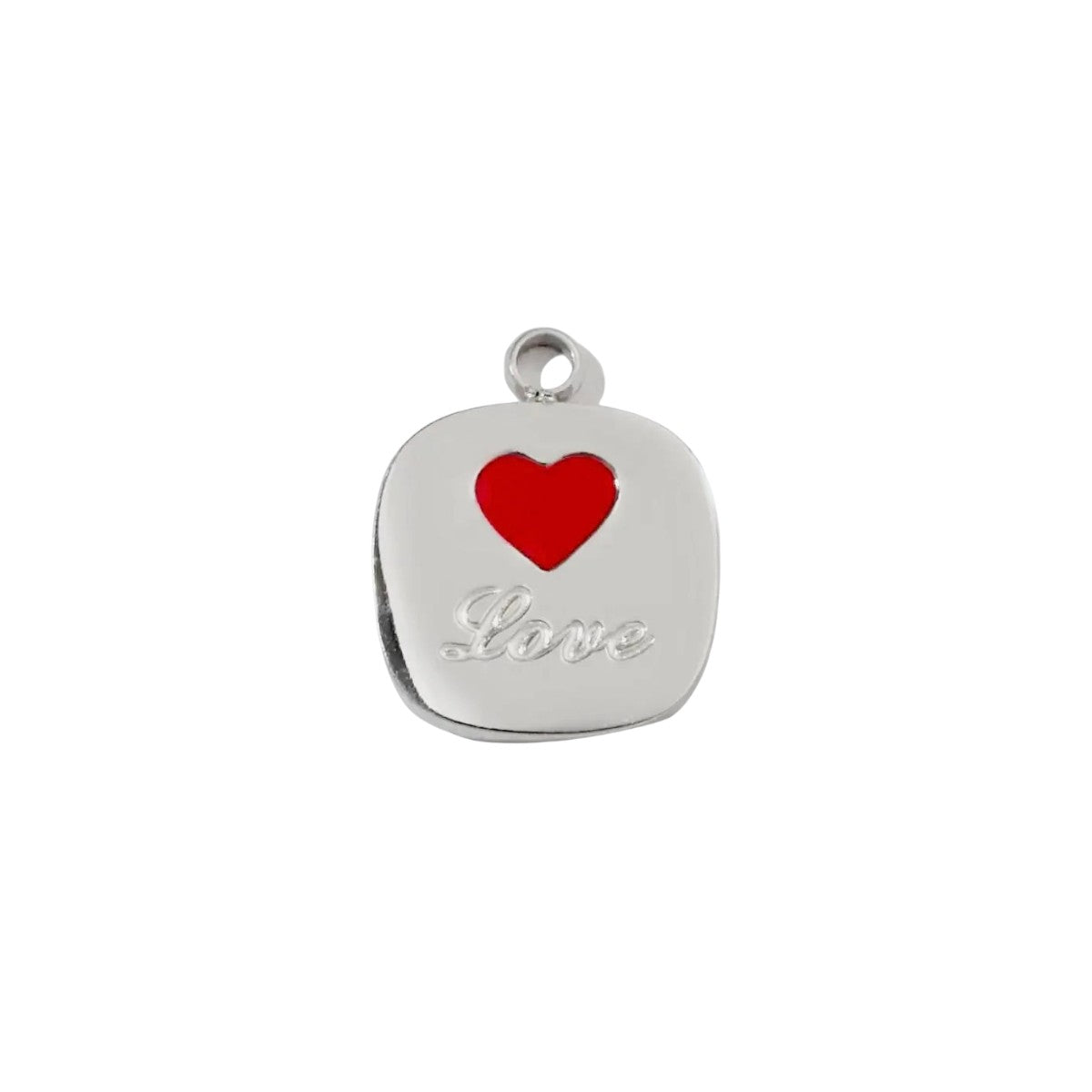 Silver pendant with a red heart and 'love' text on a white background