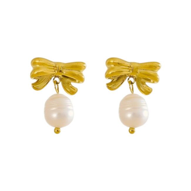 Bow Earrings with Dangling Freshwater Pearl