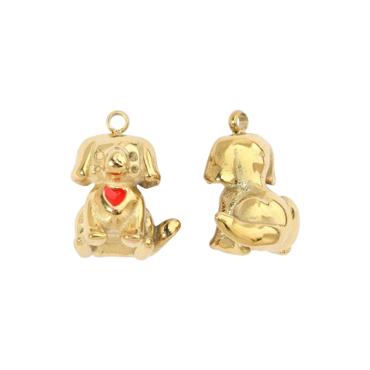Two gold dog-shaped charms on a white background