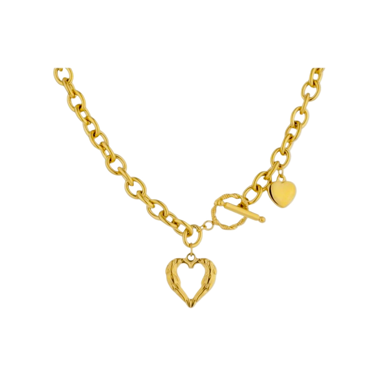 Gold necklace with heart-shaped pendants on a white background