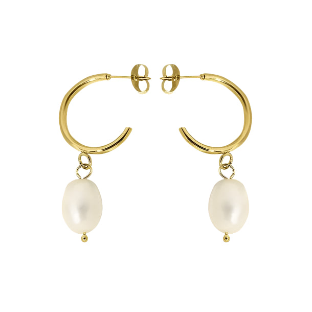A pair of gold-colored half hoop earrings with natural freshwater pearl drops.