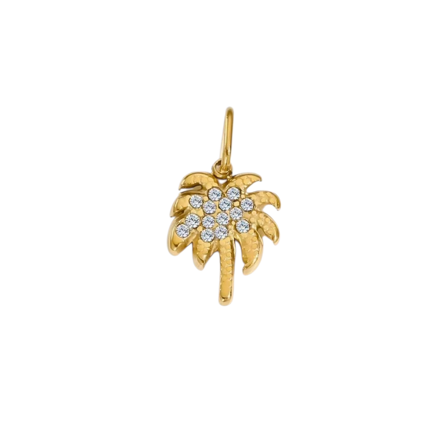 Gold palm tree pendant with embedded stones on a white background