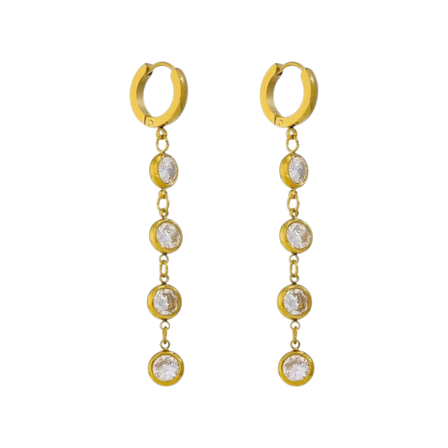 Gold hoop earrings with diamond-like stones on a white background