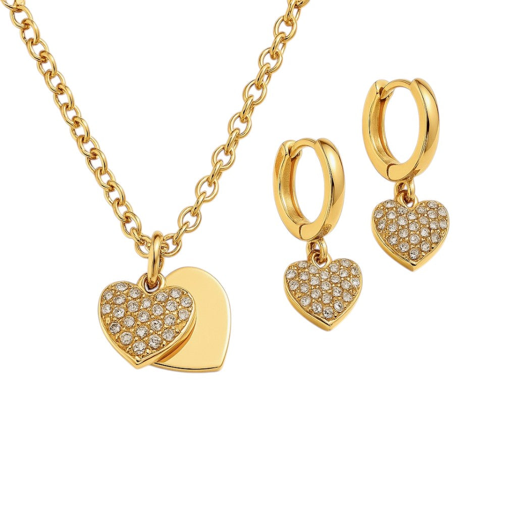 Gold heart-shaped jewelry set with necklace and earrings on a white background