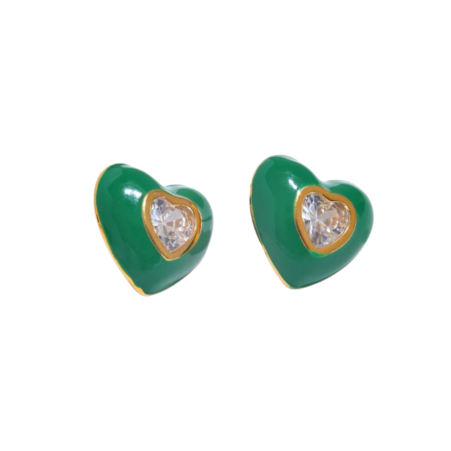 Heart-shaped earrings with green enamel and clear gemstones on a white background