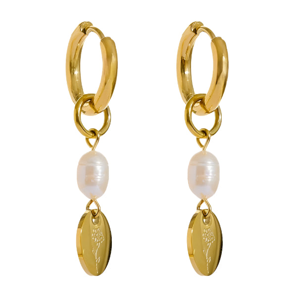 Hand-engraved flower charm earrings with freshwater pearl drops