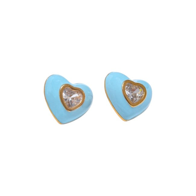 Heart-shaped earrings with blue enamel and gold accents on a white background